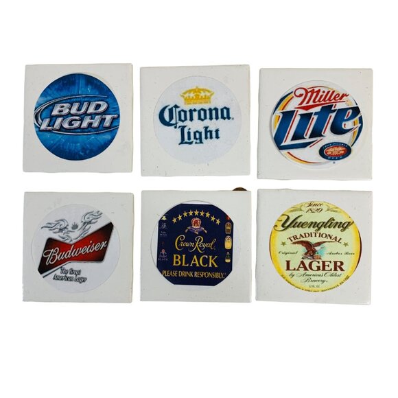 Beer Tile Drink Coaster Set of 6 Ceramic Man Cave Home Bar Decor Tiki Party - Picture 1 of 12